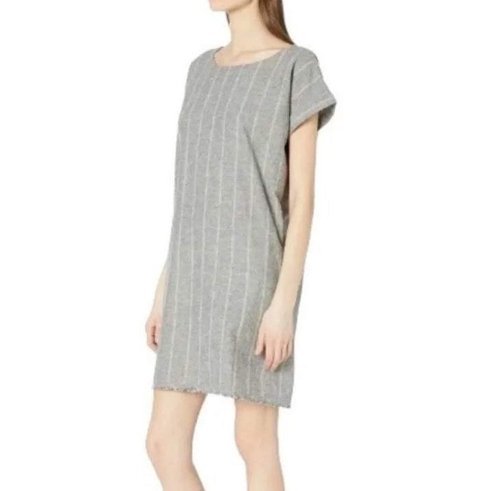 Eileen Fisher Shift Dress XS Hemp Organic Cotton Pinstripe Frayed Hem Minimalist
